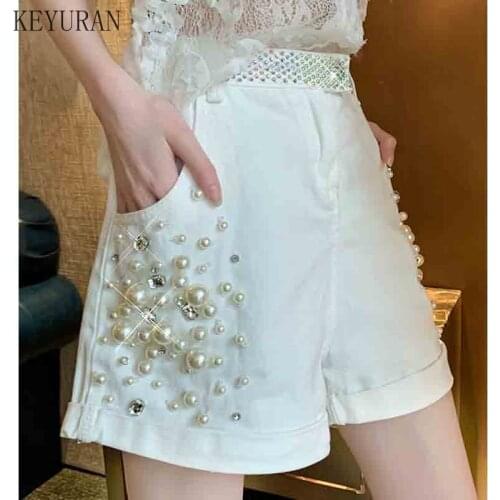 Korean Pearls Bead Diamonds Denim Shorts Women High Waist White Short Pants Femme Cotton A-line Black Wide Leg Jeans Summer 2021