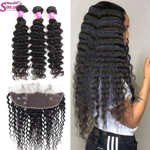 Soul Lady Peruvian Deep Wave Bundles With Frontal Closure Remy 100%Human Hair Bundles With Frontal Deep Wave Frontal And Bundles