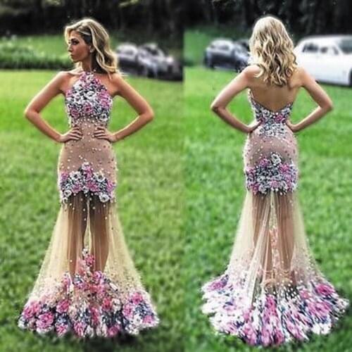 SuperKimJo 3D Flowers Mermaid Evening Dresses Long Vestido De Festa Elegant Champagne Halter Sexy Formal Dresses Vestidos