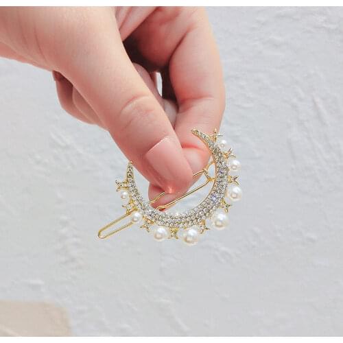 Shining Moon Bangs Clip Pearl Hairpin Simple Curved Moon Hairpins Girl Side Clip Headwear accessories