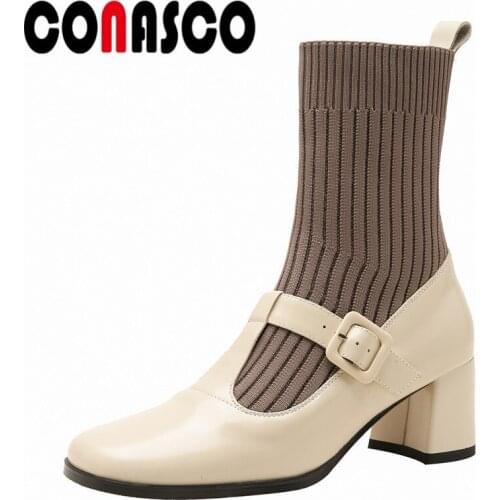 CONASCO Brand Desig Women Ankle Boots Autumn Winter Warm Cow Leather Wedding Party Causal Prom Office Boots Retro Elegant Woman