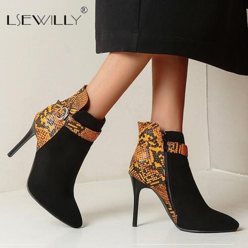 Lsewilly 2020 new thin high heel dress party shoes women ankle boots snake mixed colors buckle zip autumn winter boots woman