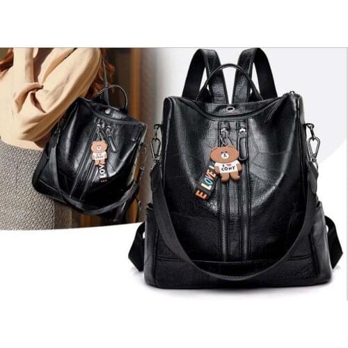 Free Shipping New Womens Soft Pu Leather Big Backpack Fashion Double Zipper Shoulder Bags Multi-function Casual Travel Bag