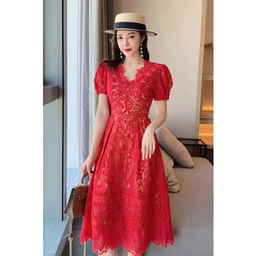 2021 New Fashion Designer Runway Summer Dress Women Sexy V-Neck Short Sleeve Elegant Vintage Lace Hollow Out Dress Vestidos