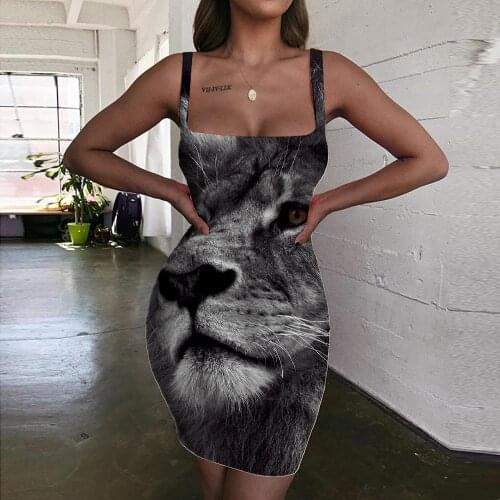 Giyu Brand Lion Dresses Women Animal Vestido Sexy Anime Halter Sleeveless Black 3d Print Cartoon Bodycon Dress Womens Clothing