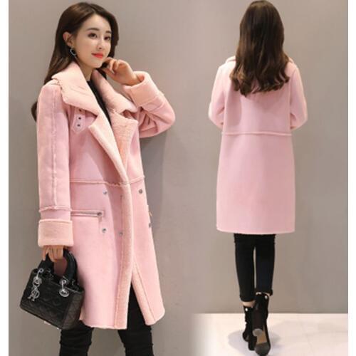 B New Winter Women Suede Fur Coats Long Double Breasted Trench Coats Female Thick Jackets Ladies Faux Sheepskin Windbreakers