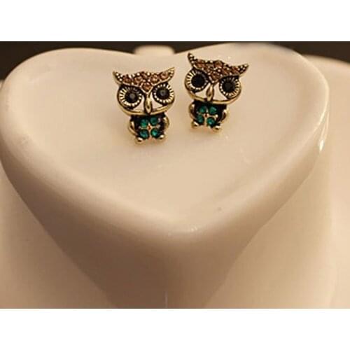 1 Pair Fashion Womens Girls Retro Style Lovely Owl Rhinestone Ear Stud Earrings Gift Drop Shipping EAR-0011