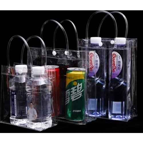 100pcs PVC plastic gift bags with handle plastic wine packaging bags clear handbag party favors bag Fashion PP Bags With Button