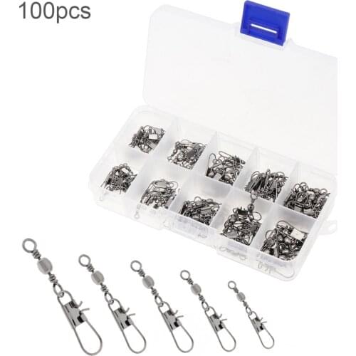 100pcs Fishing Swivel Snap Ball 7# 8# 10# 12# 14# Mixed Stainless Steel Bearing Lock Rolling Swivel Connectors with Box