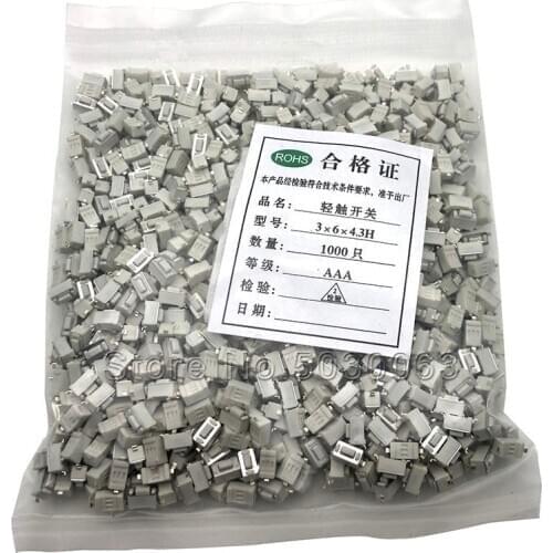 1000pcs/lot 3x6x4.3 SMD touch/micro SMD switch white 3*6*4.3MM patch 2pin commonly used buttons