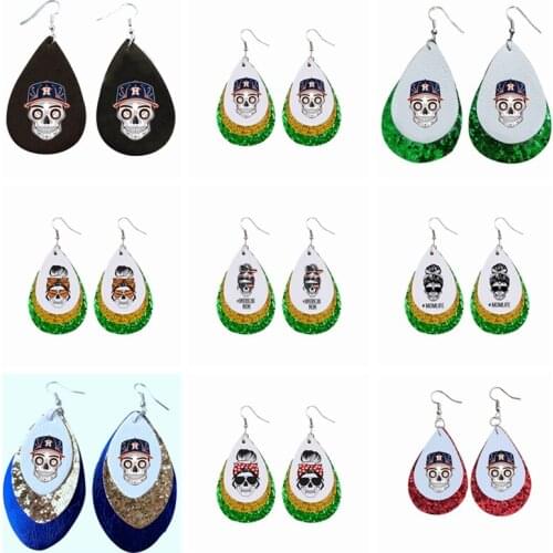 9 Pairs / lot Baseball Skull Mom Life Earrings Camo MOM Skull Sublimated Pu Faux Leather Teardrop Earrings Double Side Print