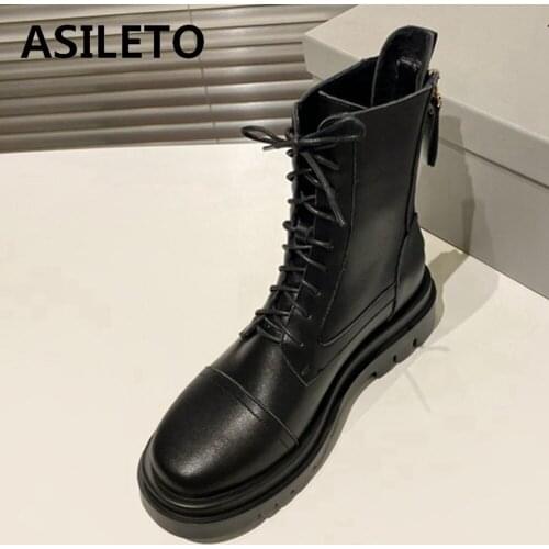 ASILETO 2021 Black Platform Combat Genuine leather Boots For Women Lace Up Buckle Strap Woman Shoes Winter Biker Boots Zipper