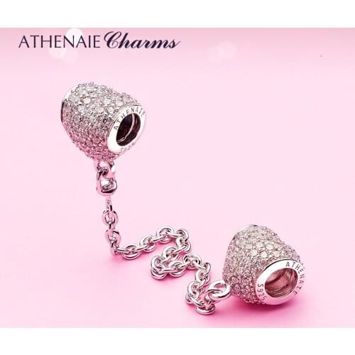 ATHENAIE 925 Sterling Silver Clear CZ Heart Shape Conection Safety Chain Charms Fit all European Bracelet Authentic S925 Jewelry