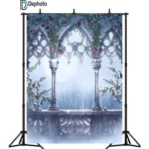 DePhoto Interior Castle Christmas Party Backdrop Red rose Vines moon Light Arch Window Winter Snow Scenic Photo Background