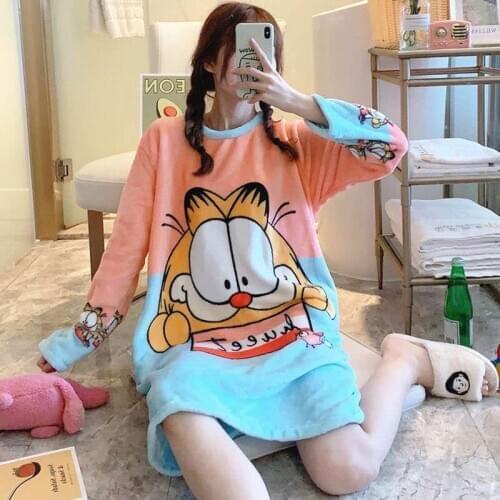 Sweet Girl Totoro Sleepwear Winter Keep Warm Nightgown Cartoon Cute Flannel Thick Home Robe Lingerie Gown Loose Sleep Shirt