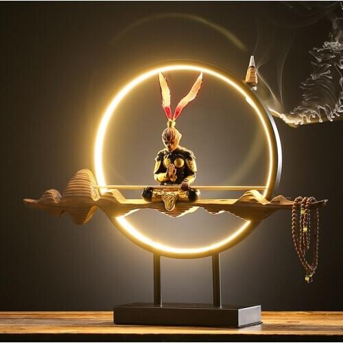 Chinese Zen lighting, led light ring, weathered wooden Qitian Dasheng decorations, creative home porch tea room decorations