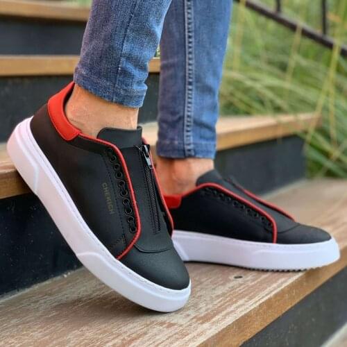 Chekich Mens Shoes Red and Black Sneakers Artificial Leather Spring Autumn Season Zipper Casual Sport Shoe Walking Running Original Vulcanized Breathable Lightweight Sneakers Hot Sale Comfortable Footwear Hiking CH092