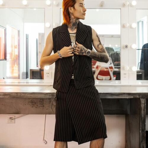 Nightclub DJ singer striped vest sleeveless jacket sexy pants culottes 2 piece set men hairstylist punk hip hop work clothes