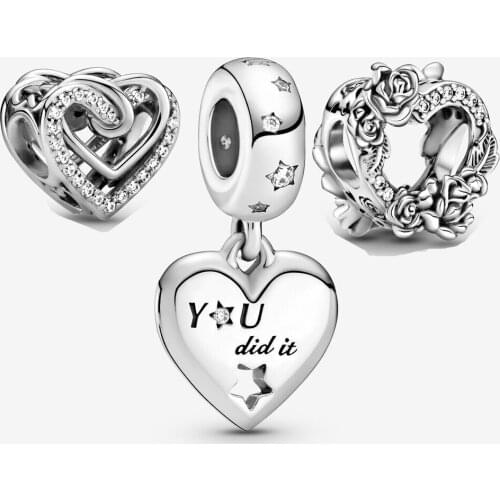 New 925 Sterling Silver Rose Flowers Heart Charm & Stars Dangle Charm packet Fit pandora Bracelet Bangle Heart Charm DIY Jewelry