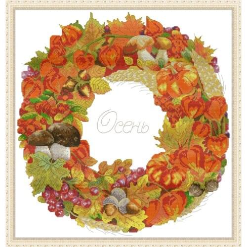 Autumn fruit wreath cross stitch kits 11ct count printed canvas cross stitch embroidery pattern flowers DIY handmade needlework