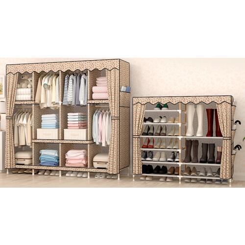 Simple cloth wardrobe fabric simple economic folding double shoe cabinet shoe rack solid wood wardrobe double