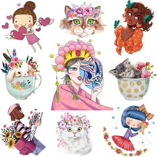 Cartoon Cute Girl Applique Iron-on Transfers For Clothing Stickers Cute Cats Heat Thermal Transfer For Clothes Washable Stickers