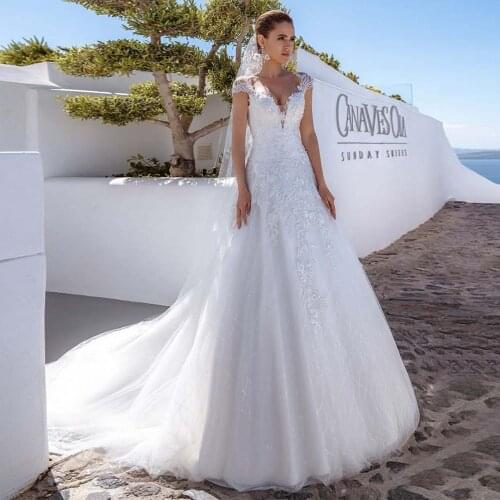 Gorgeous V-Neck Wedding Dresses 2021 Cap Sleeve Lace Appliques A-Line Sweep Train Tulle Civil Bridal Gown Vestidos De Noiva