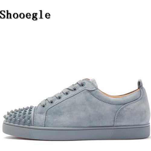 SHOOEGLE Fashion Luxury Spikes Men Shoes Rivets Casual Suede Platform Sneakers Mens Low-Top Lace-up High Quality Motorcycle Shoe