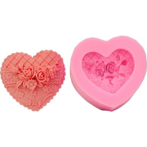3D Rose Flower Love Heart Shape Valentines Day Gift Present Fondant Cake Mold Silicone Sugar Chocolate Soap Candle Mold