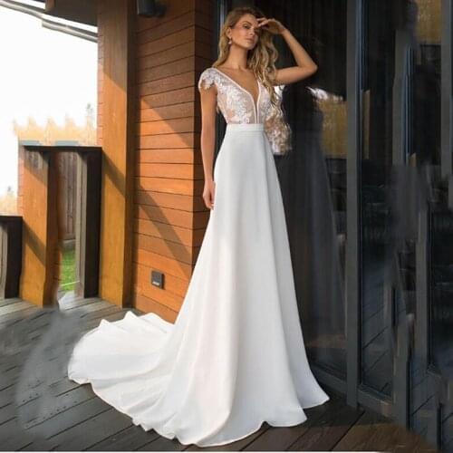Ruby 2021 Cheap V-neck A-line Wedding Dresses Boho Bridal Gowns Backless Vestido De Noiva Sweep Train White Satin Wedding Dress