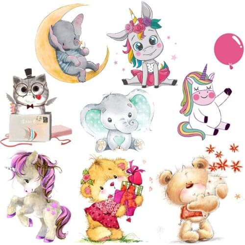 Cute Cartoon Small Animal Iron-on Transfers For Clothing Stickers Unicorn Bear Heat Thermal Transfer For Clothes Iron On Patches