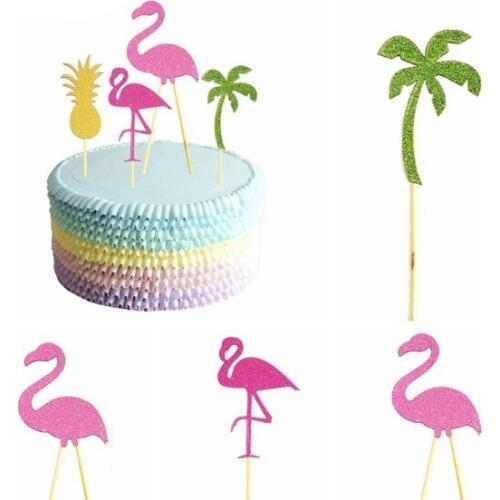 Flamingo Pineapple Coconut Tree Cake Toppers BBQ Hawaiian Tropical Summer Party Food Cocktail Wedding Cupcake Stick Topper Decor