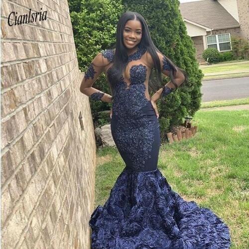 Vintage Black Girls Long Sleeve Prom Dresses Sheer High Neck Appliques 3D Flora Flower Bottom Long Evening Gowns Formal