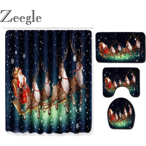 Zeegle Waterproof Shower Curtain Christmas Bath Curtain Washable Bathroom Carpet Set Absorbent Toilet Cover Mat Bath Mat Set