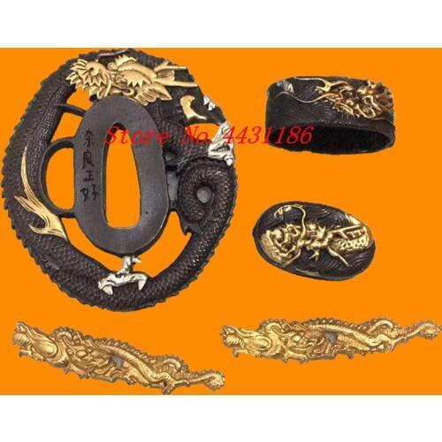 High Quality Japanese Samurai Sword Katana Brass Fitting Dragon Theme Tsuba+Menuki+Fuchi+Kashira Set DIY Sword Accessory