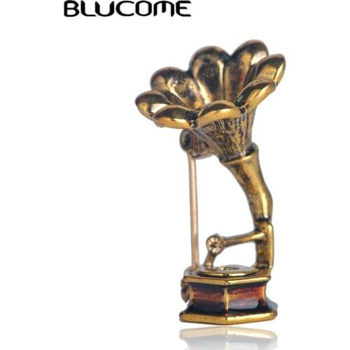 Blucome New Arrived Vintage Phonograph Shape Brooch Musical Instruments Gramophone Brooches For Women Lady Sweater Scarf Pins