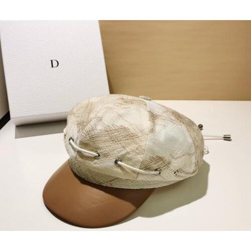 New Fashion Autumn Embroidered Fabric Drawstring PU Brim Leisure Lady Octagonal Hat Women Visors Painter Cap