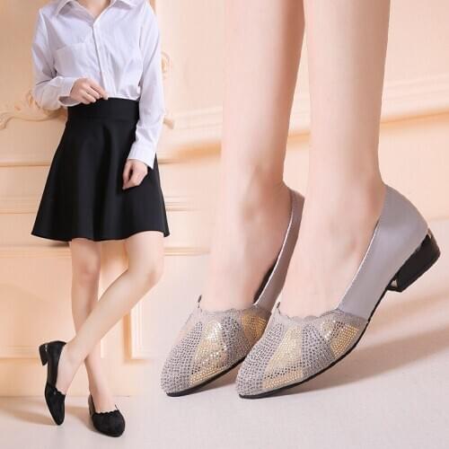 Plus Size 41 Bling Women Shoes Low Heels Dress Shoes Black Office Work Shoes Woman Shallow Single Shoes Gold Heeld Crystal N7855