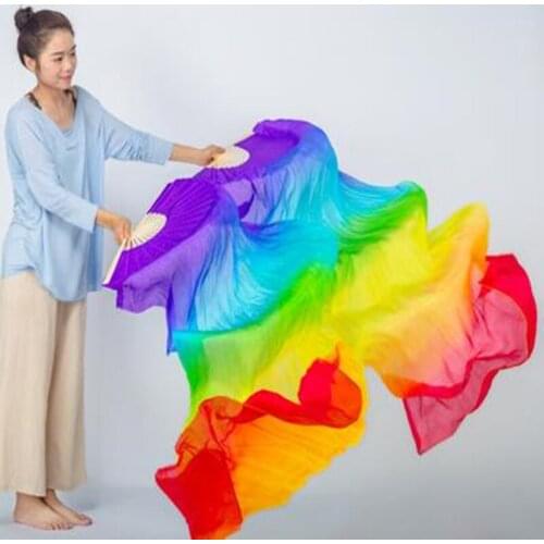 Women Chinese Cheap Silk Belly Dance Fan Veils Gradient Rainbow Colors Free Shipping
