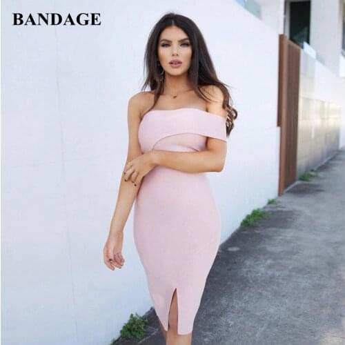 One Shoulder Pink Bandage Dress Sexy Women Bodycon Vestidos Split Sleeveless Midi Dresses Celebrity Prom Party Club Wear