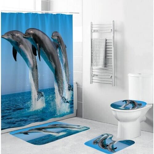 180*180cm Ocean Dolphin Bathroom Curtains Bath Mats Set Sea Scenery Toilet Cover Anti-slip Rug Shower Curtain with 12 Hooks