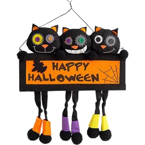 45BE Halloween Hanging Sign with Stuffed Black Cat Doll Door Hanger Pendant Decor