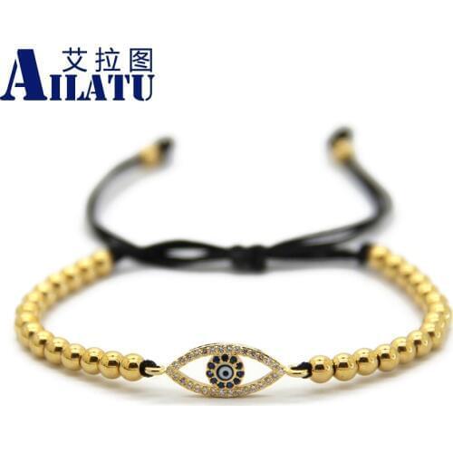 Ailatu 4mm Round Bronze Beads Trendy Jewelry Fashion Micro Pave CZ Eye Braiding Macrame Bracelet