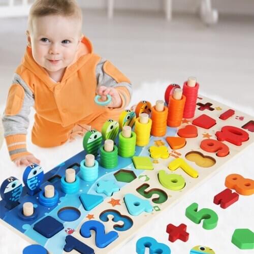 Baby Montessori Math Toys Kids Educational Wooden Toys 5 in 1 Fishing Count Numbers Matching Digital Shape Log Board Puzzle Toy