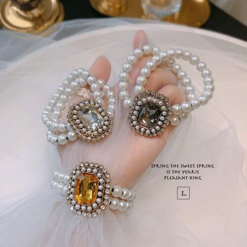 Gem Diamond Hair Accessories Headbands Vintage Pearl Bracelet Colorful Rhinestone Elastic Hair Bands Bridal Headdress Wholesale