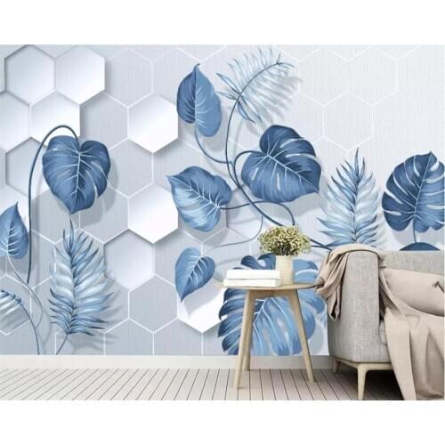 Customized wallpaper 3d three-dimensional relief Nordic hand-painted light blue small fresh tropical plant leaf mural wallpapers