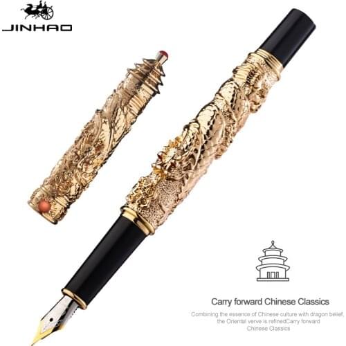 JINHAO Vintage Luxurious Fountain Pen Golden Tower Cap Small Double Dragon Playing Pearl, Metal Carving Embossing Heavy Pen