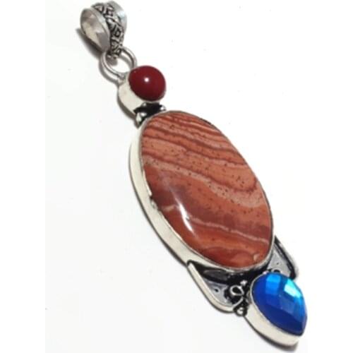 Picture Jaspers + Rainbow Topas + Coral Pendant Silver Overlay over Copper , 82 mm, P6875