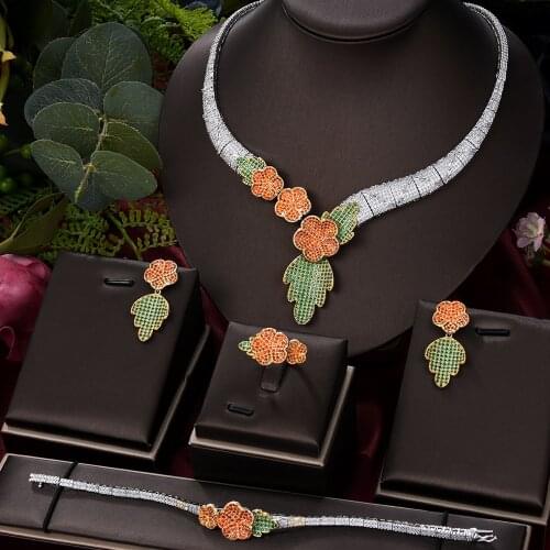Missvikki Luxury Cute Flower Necklace Bangle Earrings Ring Noble Nigerian Indian Bridal Wedding Full Cubic Zirconia Jewelry Set