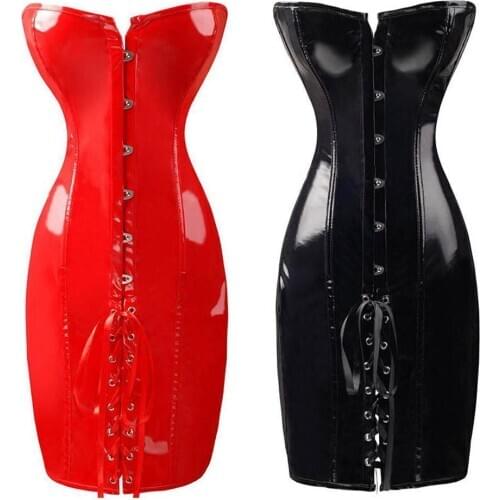 Fashion Womens Slim Abdomen Bodysuit Pvc Leather Vintage Red Dress Party Corset Club Color H9Y1